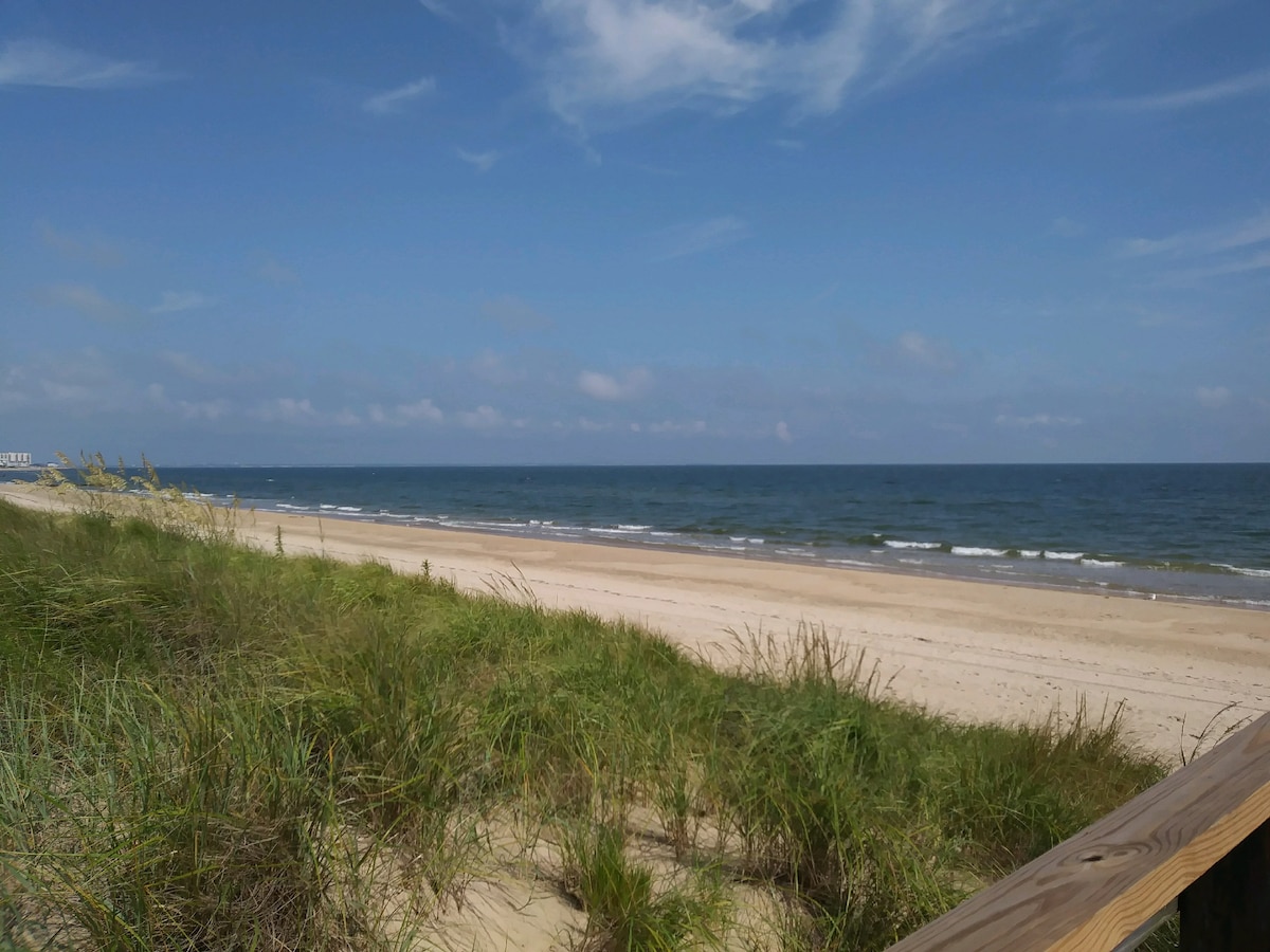 A sandy beach stretches along the shore, meeting the gently rolling waves of the Chesapeake Bay. Lush green grass and low dunes line the foreground, while a clear blue sky dotted with soft clouds expands above the tranquil scene.