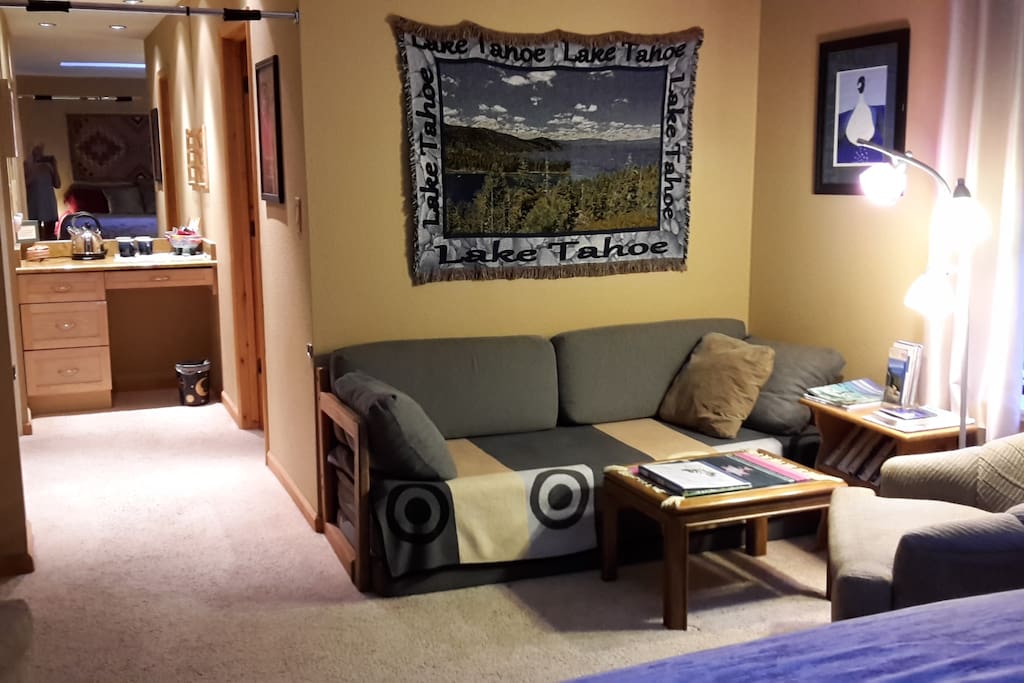 Private room has futon couch/bed and in-room coffee and tea station if you prefer more privacy