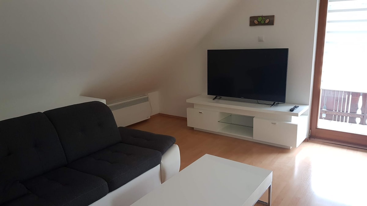 A cozy living area features a comfortable dark sofa paired with a light coffee table. A large television is mounted on a sleek white media unit. Natural light enters through a sliding glass door leading to a balcony.