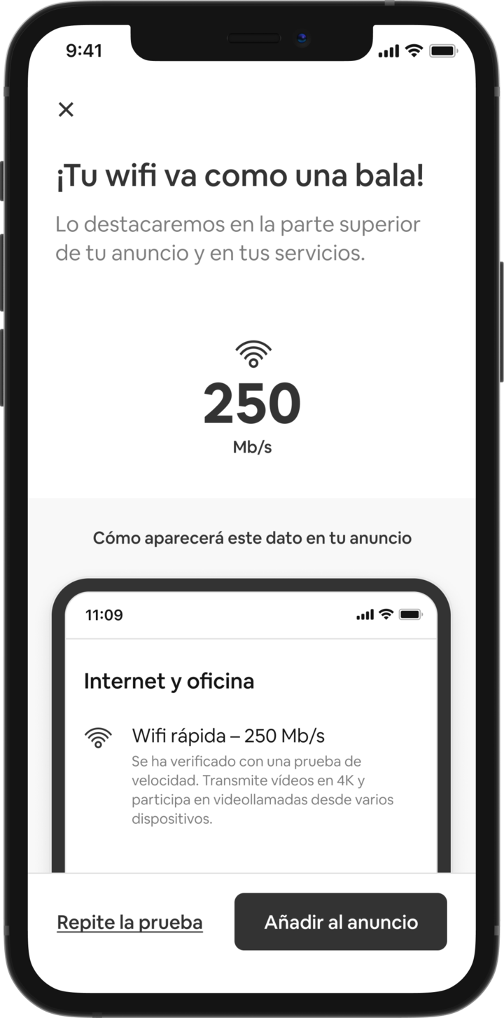 Un teléfono móvil muestra una lista de servicios de un anuncio en Airbnb. En la parte superior de la lista, aparece el título «Internet y oficina», acompañado del texto «Wifi rápido: 250 Mbps. Se ha verificado con una prueba de velocidad. Puedes transmitir vídeos en 4k y participar en videollamadas desde varios dispositivos».