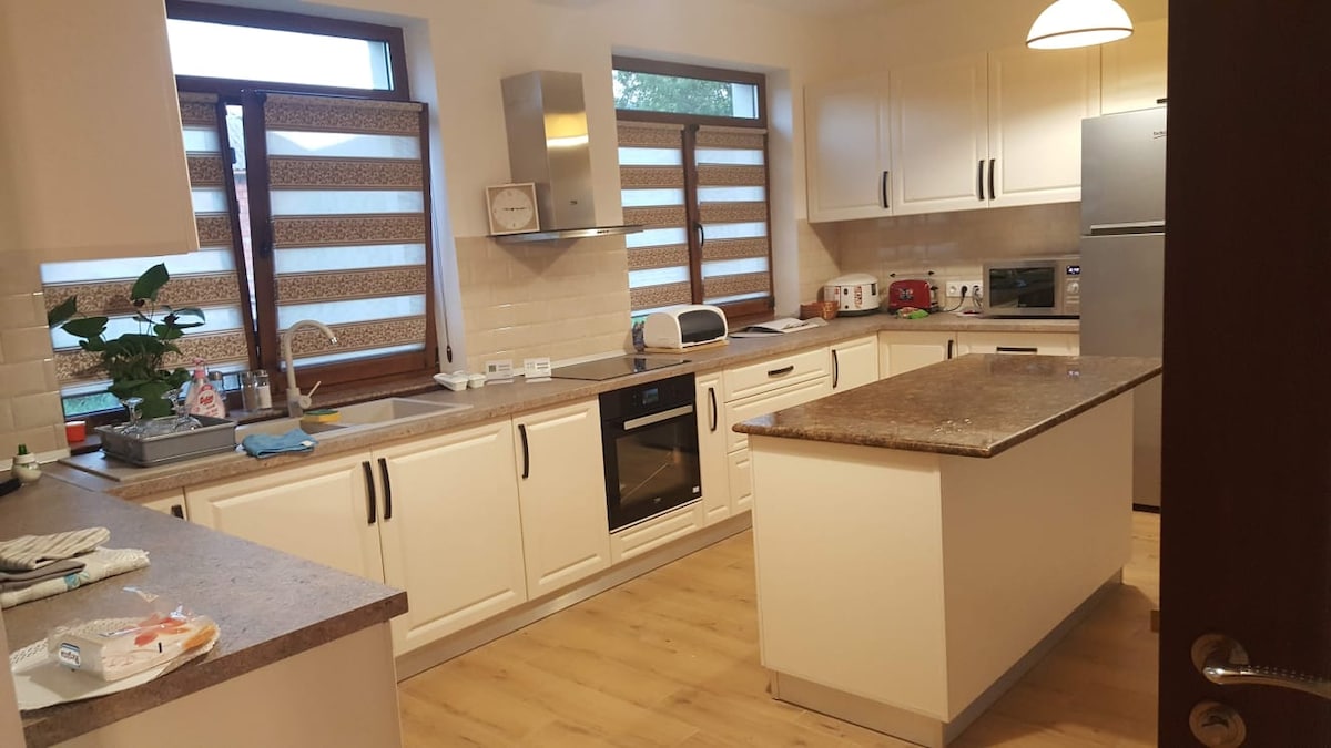 A bright kitchen is equipped with modern appliances, including an oven and refrigerator. Countertops offer ample workspace, while two windows provide natural light. Soft shades on the windows create a balanced atmosphere. A small indoor plant adds a touch of greenery to the space.