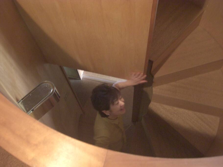 spiral stairs connecting the two floors; watch your steps