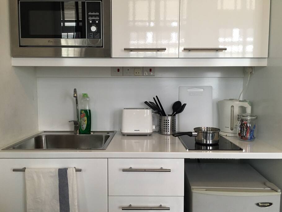 Sufficiently stocked kitchenette, with induction cooker stove top, microwave, kettle and toaster oven.