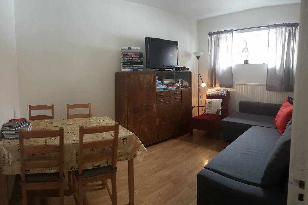 Living room with pull out couch where 2 persons can sleep. TV with 100+ channels, books(icleandic and english) about iceland.