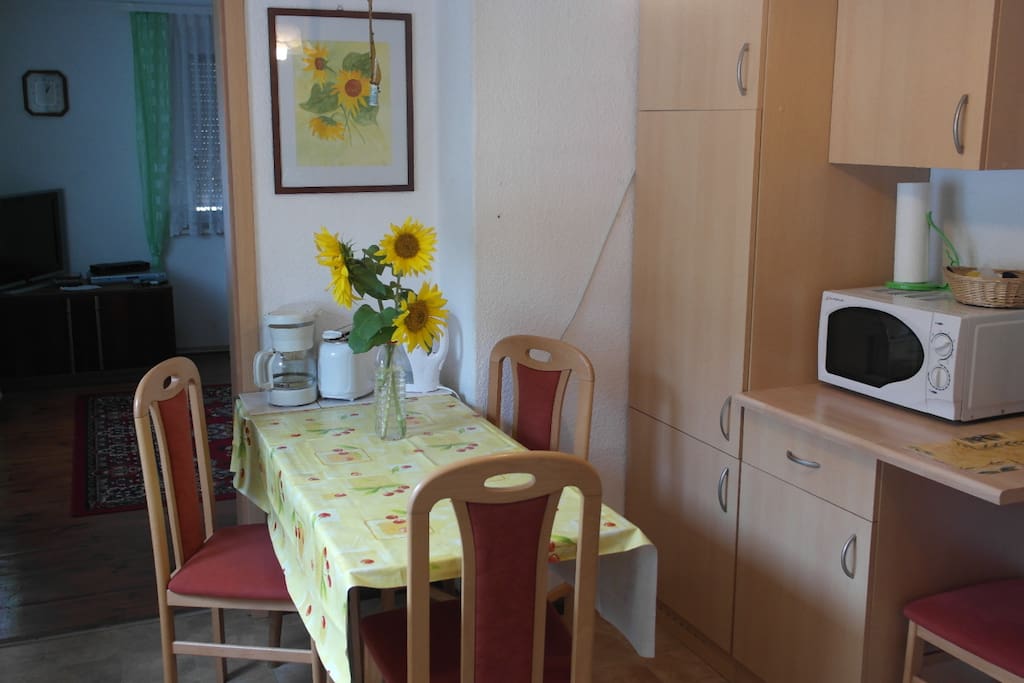 die Küche mit Blick ins Wohnzimmer