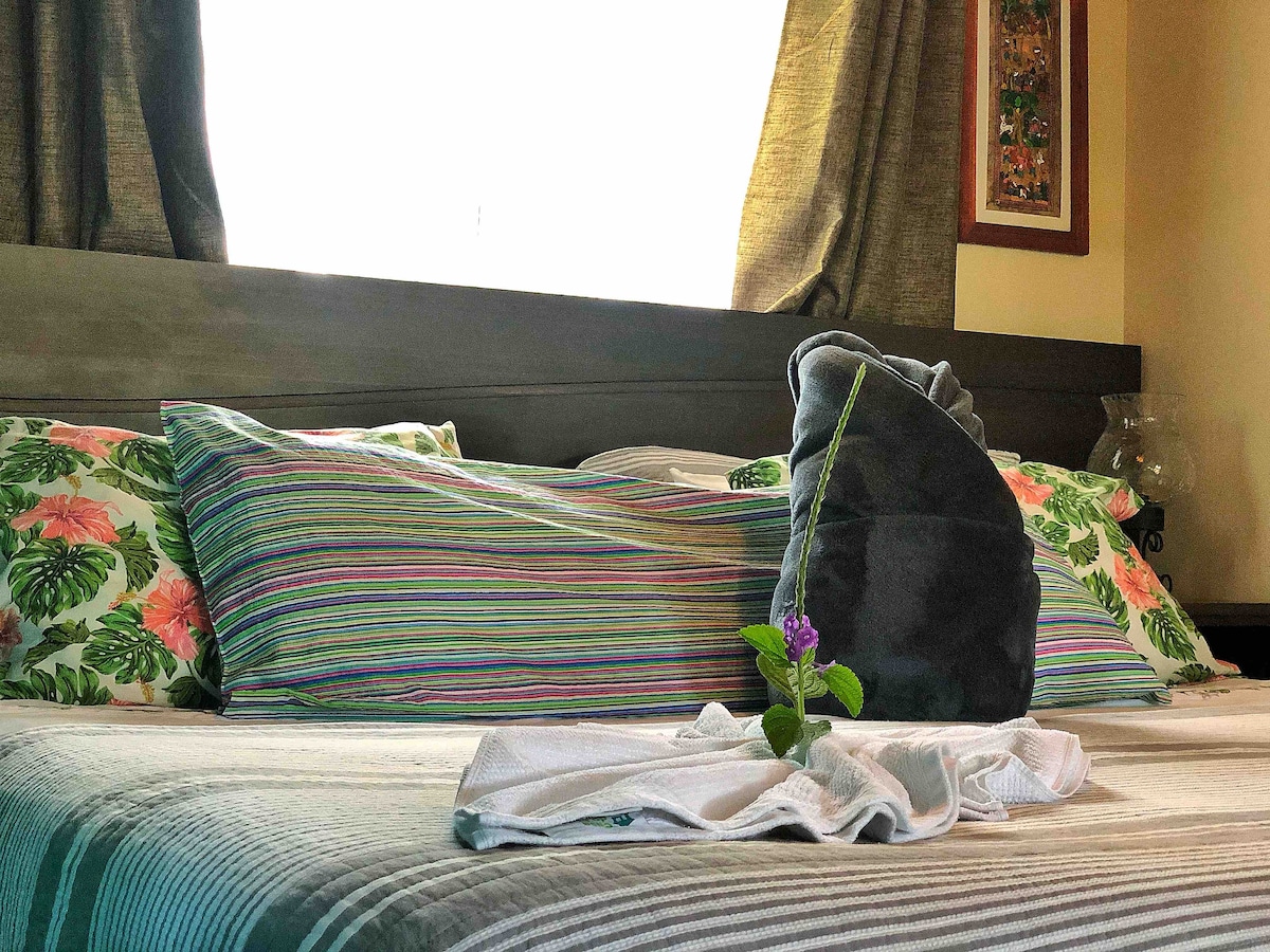 这间舒适的单间公寓设有私人按摩浴缸、储备充足的厨房、2米宽双人床、空调、高速互联网、智能电视、舒适的沙发、浴室和淋浴区、洗衣区以及可欣赏火山景观和秋千椅的漂亮屋顶。