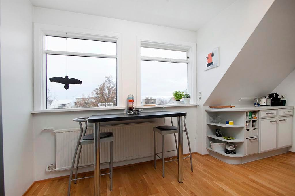 Kitchen is fully equipped and comes with a nice view over Mt. Esja