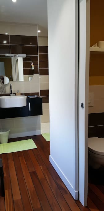 Salle de douche privée avec toilettes séparés