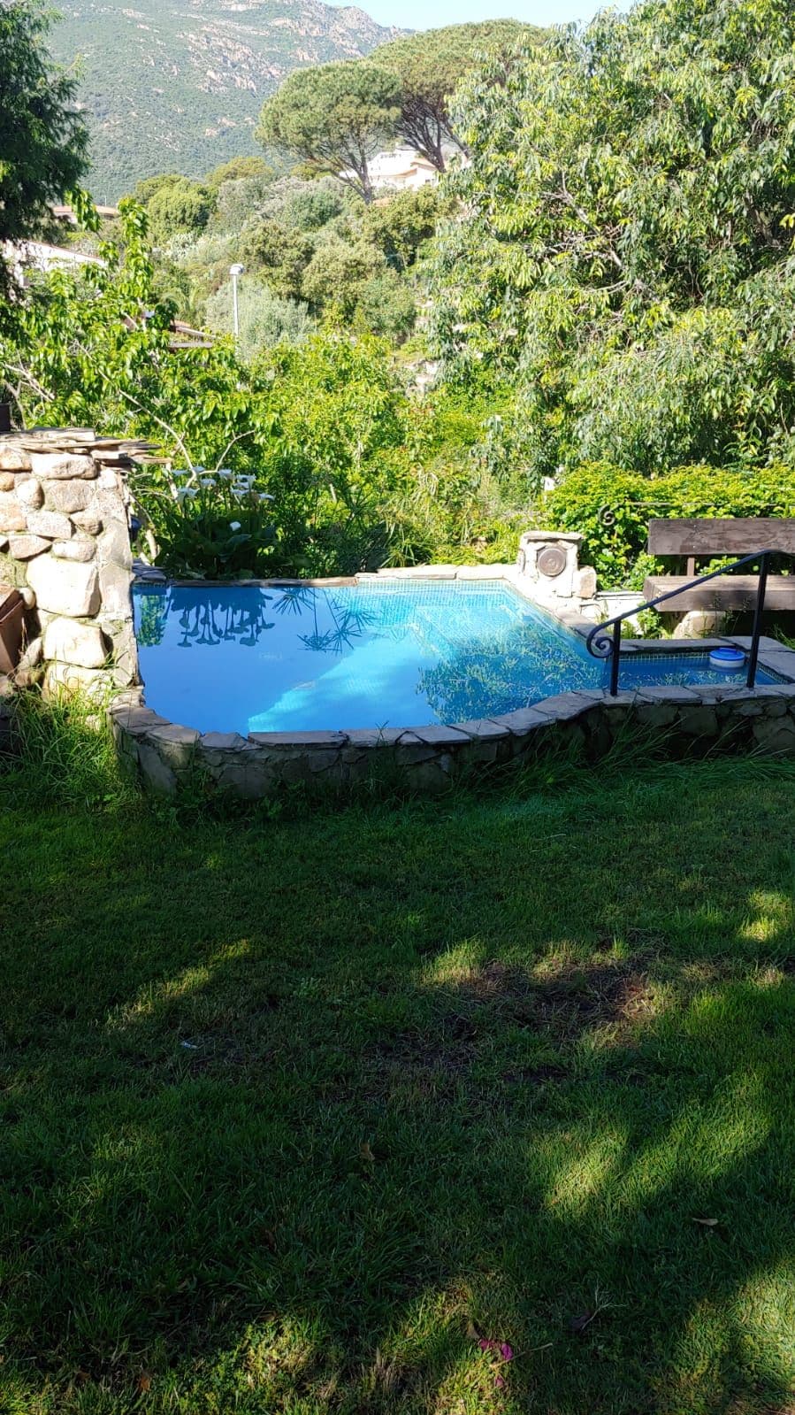 An inviting swimming pool is set among lush greenery, surrounded by natural stone walls. The water reflects the vibrant foliage and sky, providing a serene atmosphere. A small seating area is positioned nearby, enhancing the tranquil outdoor environment.