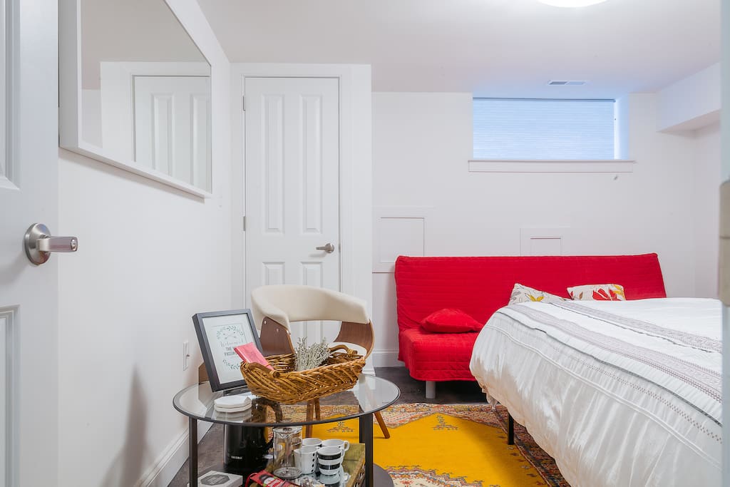 Complimentary tea/coffee/hot chocolate. Water boiler, French press, and cups provided. Compact fridge (3.4 cubic ft) also available in room (although not shown in picture).