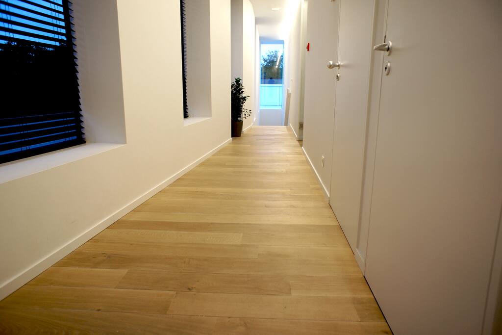Large hallway with access to bedrooms, bathroom, toilet, living room / kitchen