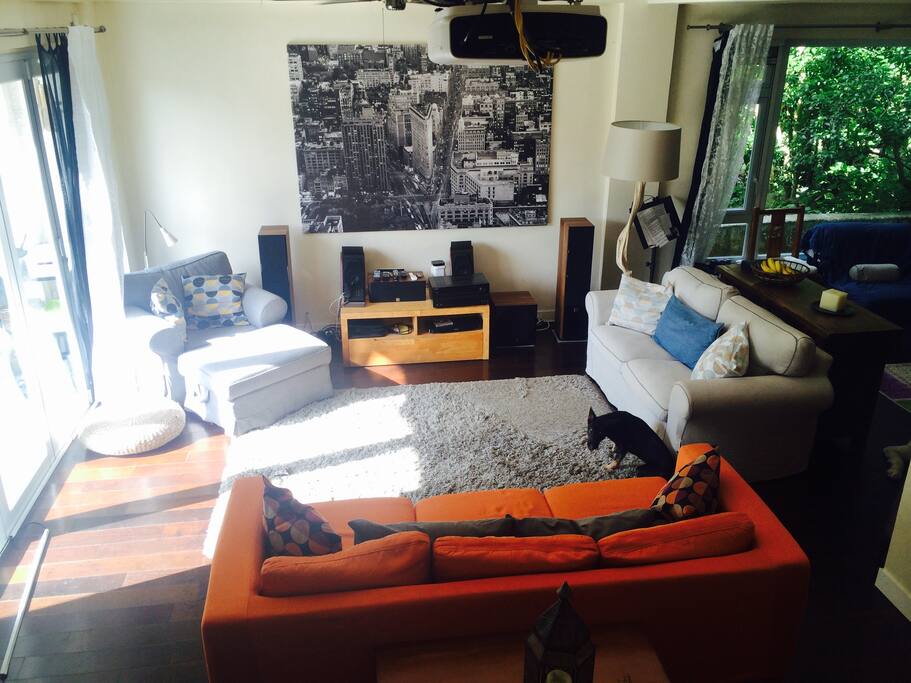 The living area, projector visible above. Dog not included!