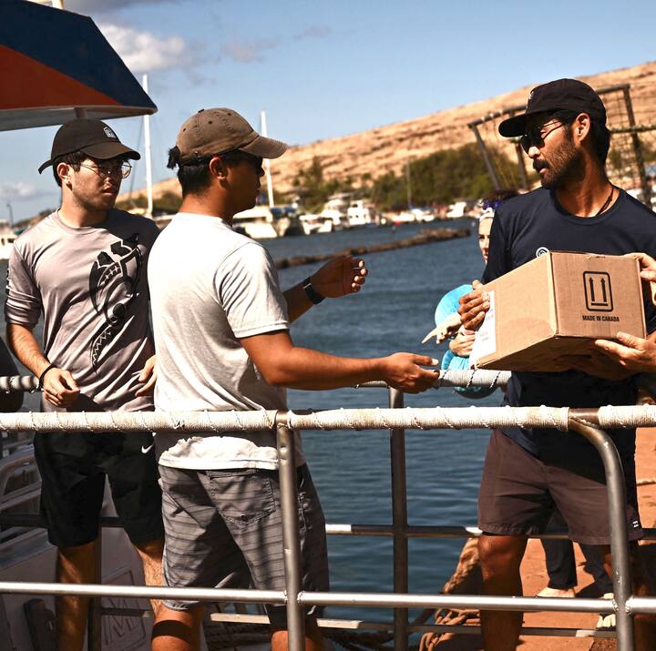 Mensen met shorts, T-shirts en baseballpetten staan op een loopplank, geven dozen aan elkaar door en laden ze op een boot.