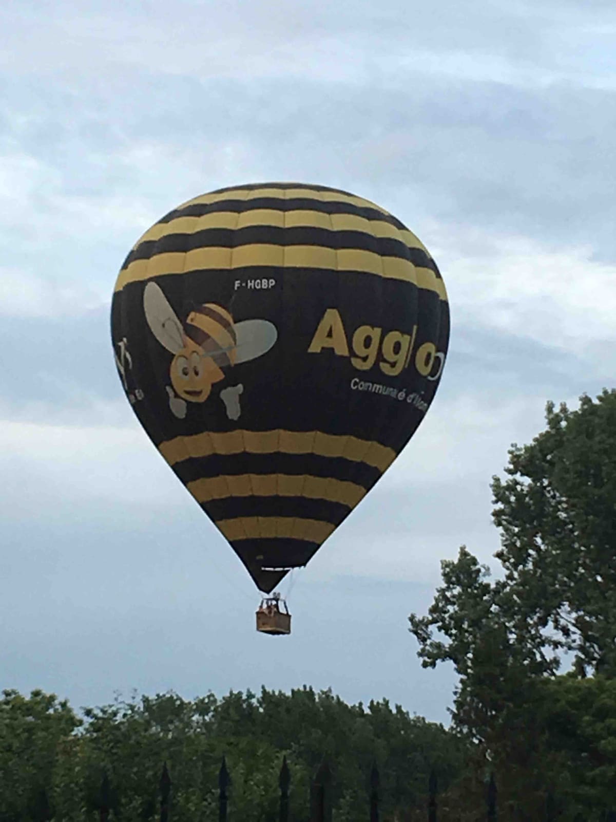 A black and yellow hot air balloon is seen floating in the sky, featuring a cheerful bee graphic and the word 'Agglo.' Below, a basket can be identified, with trees partially framing the scene against a cloudy backdrop.