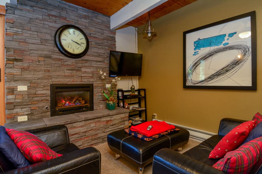 Enjoy your favorite shows by the gas fireplace.