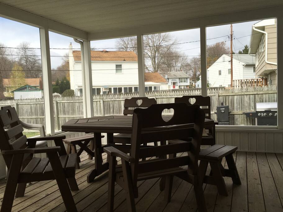 Screened-in-Patio; Backgrounds Displays Fenced-in Backyard with Grill & Smoker