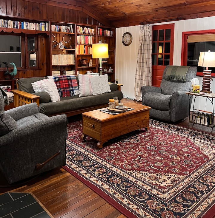 Acogedora sala de estar con estufa de leña, amplia biblioteca, reproductor de discos, discos de vinilo, TV inteligente y reproductor de DVD y juegos.