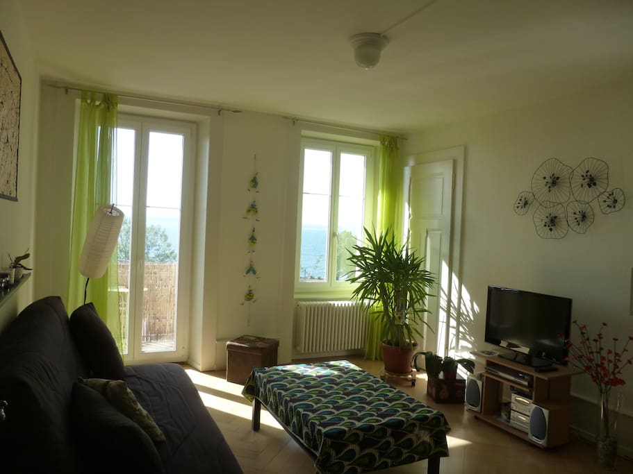 Salon lumineux, balcon avec vue sur le lac et les Alpes