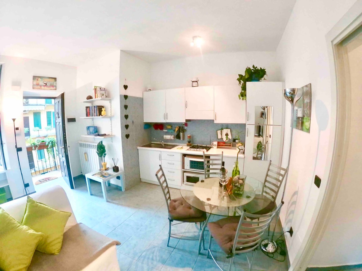 The open living area features a cozy seating arrangement with a light-colored sofa and a dining table for four. A fully equipped kitchenette is visible, showcasing modern appliances and ample storage. Natural light enters through glass doors leading to a small balcony.