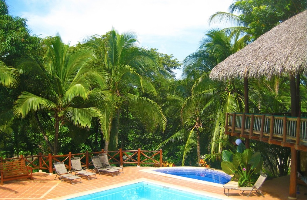 A serene outdoor space is highlighted, featuring a swimming pool surrounded by tropical palm trees. A Jacuzzi is positioned nearby beside lush vegetation. Lounge chairs are arranged along the poolside, and a palm-roofed structure provides shade and overlooks the area.