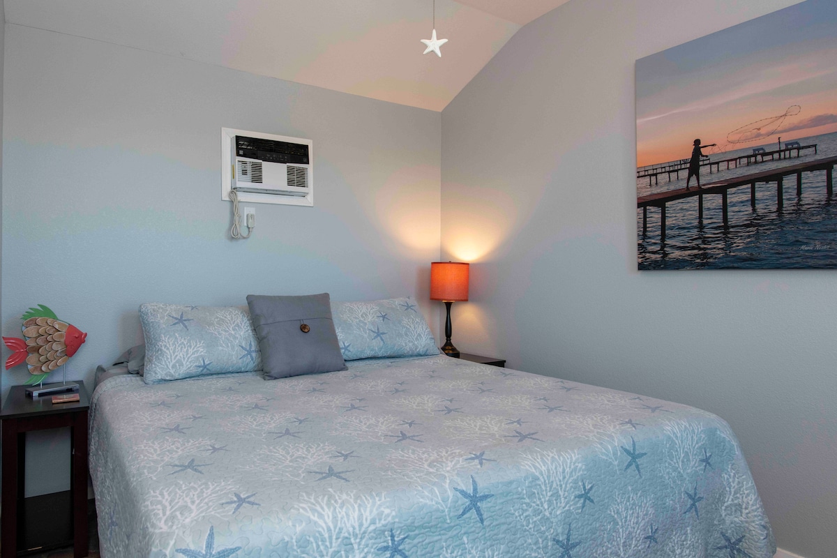 Comfortable California King size bed that can be converted into XL Twins if needed, cable TV with Netflix and dresser, towels, shampoo, conditioner, soaps, lotions DVD player and steamer Incase you need to look extra good fishing.