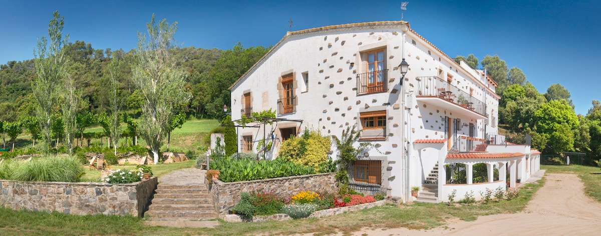 A two-story traditional farmhouse is set amidst lush greenery, featuring a mix of stone and whitewashed walls. The entrance is highlighted by neatly arranged flower beds and stone steps, leading to a spacious outdoor area with trees and open fields in the background.