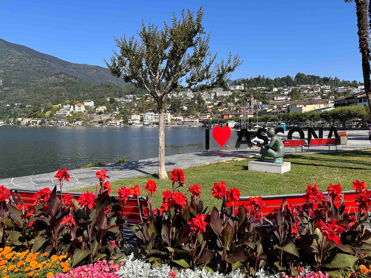 A waterfront scene showcases vibrant red flowers lining a path. A large 'I ♥ ASCONA' sign stands prominently near the water, with the picturesque hills and residential buildings in the background. Palm trees dot the landscape, contributing to the Mediterranean ambiance.