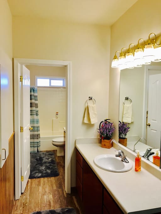 Bathroom in common area, separate door allowing access to sink without blocking off entire bathroom while in use.