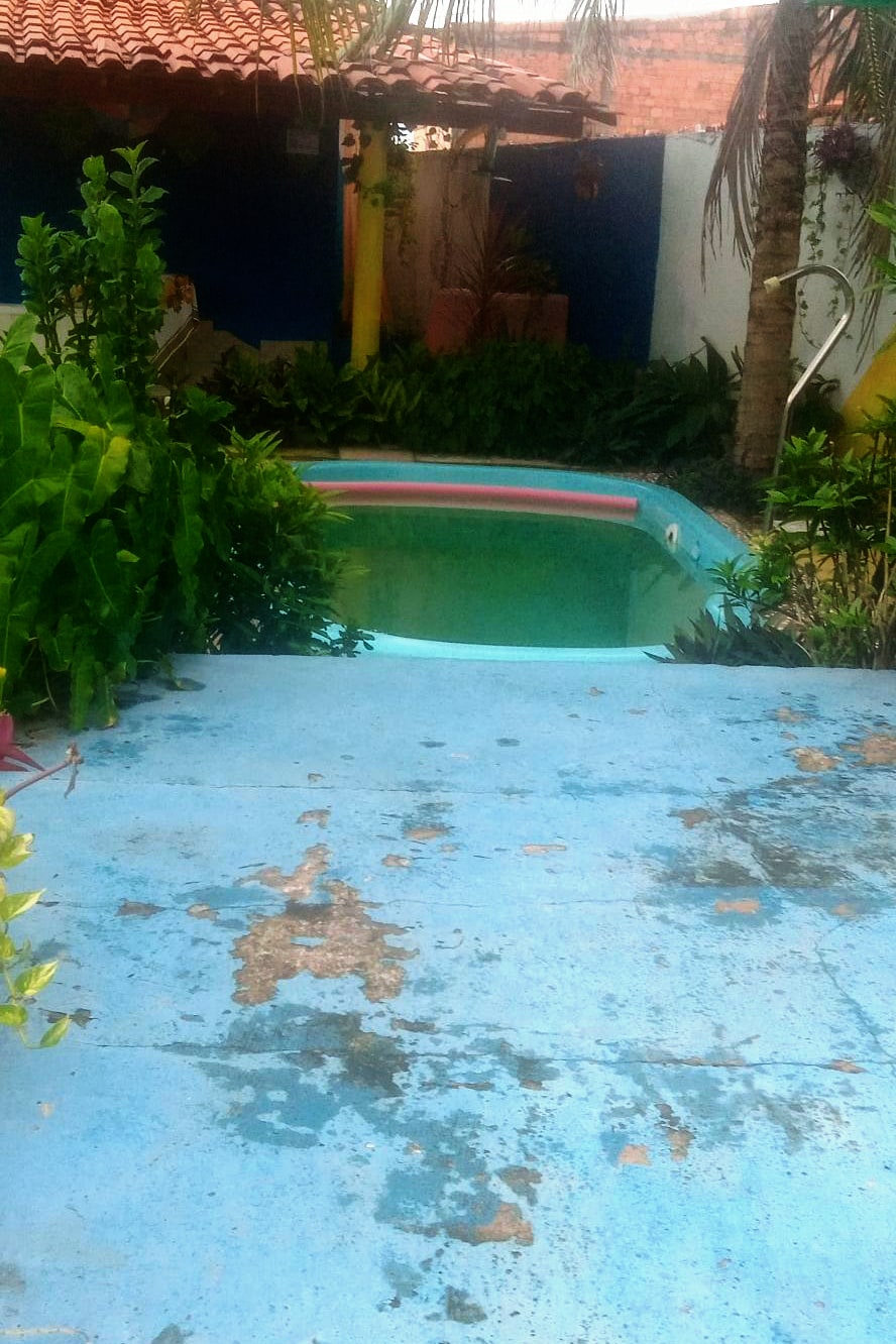 A tranquil swimming pool is surrounded by lush greenery, with a vibrant blue exterior surface leading to its edge. Tropical plants frame the pool area, enhancing the serene atmosphere of the space. A shaded area adds to the overall relaxation potential.