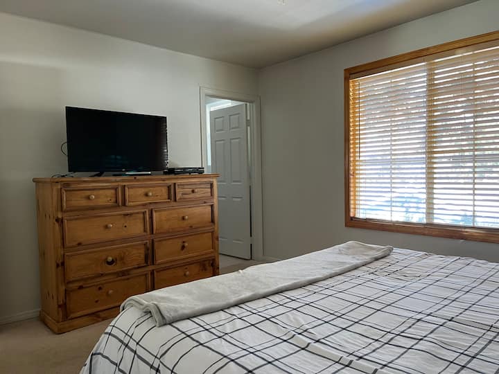 Extra space in both the closet and dresser to unpack and make yourself at home. TV offers cable and streaming options.