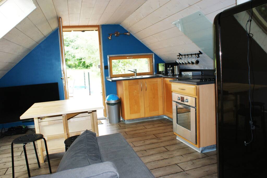 la cuisine (four lave vaisselle plaque électrique four micro onde et tout le nécessaire) et le salon avec télé wifi et netflix (canapé lit maison du monde )
