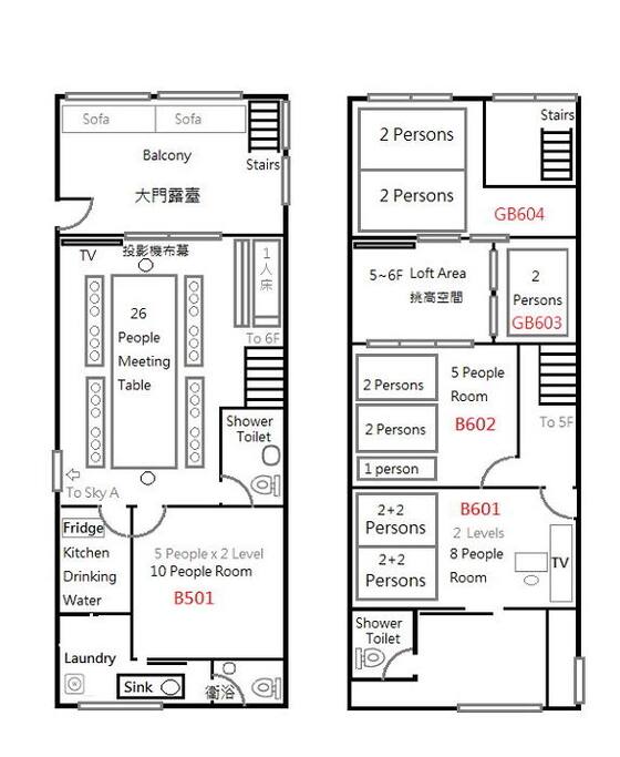 一層兩戶相通,A互有3層樓.B戶有2層樓,裡面一共有5間公寓10間房屋可以使用.