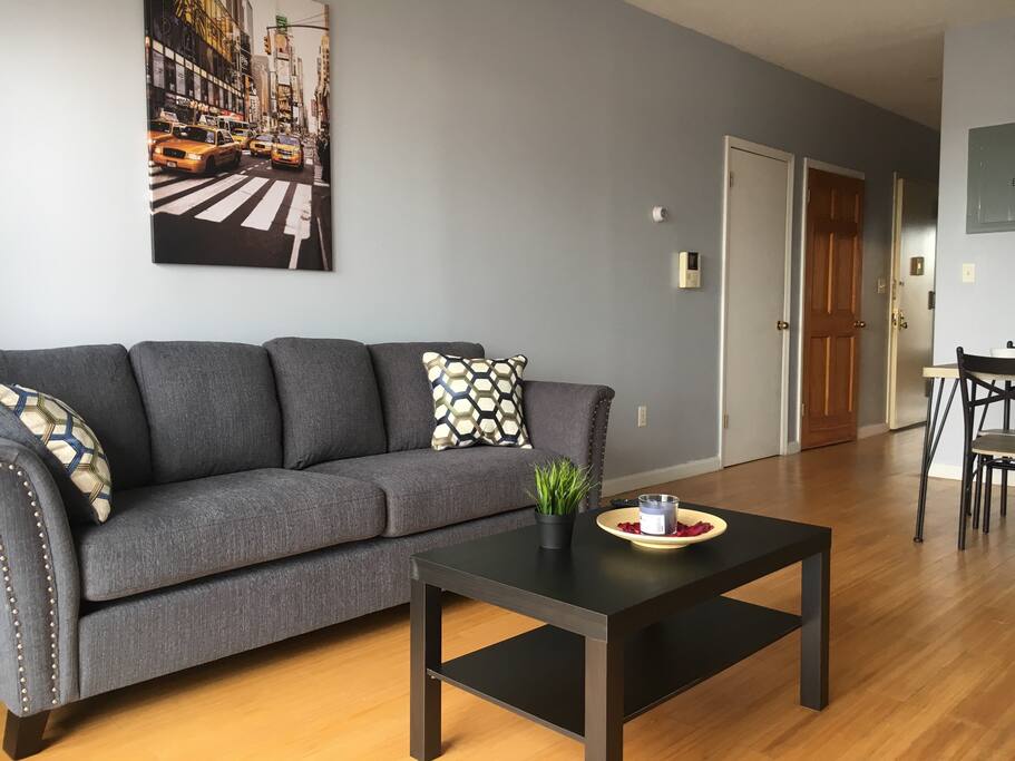 Spacious Living room/Dining room with balcony and view to Downtown Flushing