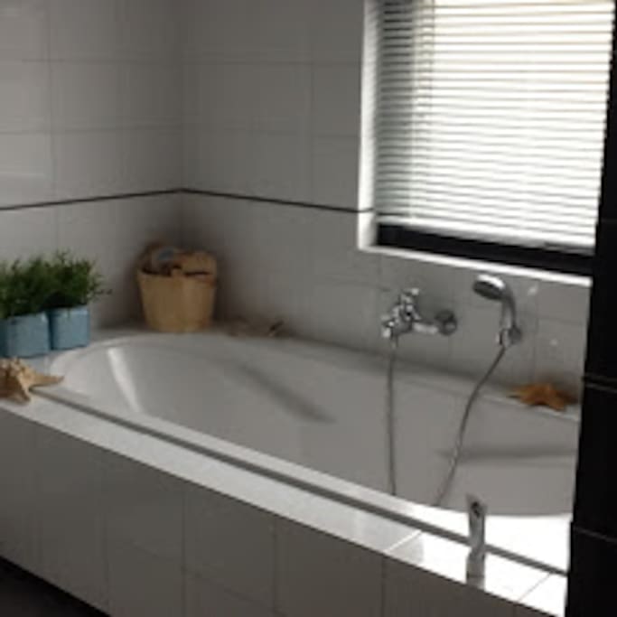Ruime badkamer met ligbad, losse douche, toilet en dubbele wastafel