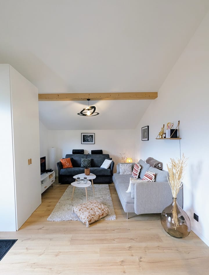 พื้นที่นั่งเล่นพร้อมโซฟาเบดที่เปิดได้อย่างรวดเร็วและโซฟาแบบยึดกับที่ 