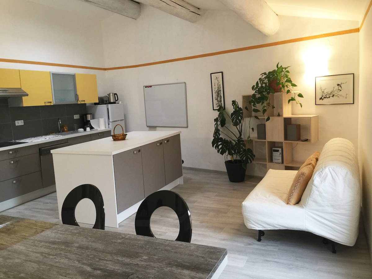 A modern kitchen and living area is showcased, featuring light-colored cabinetry and an island with seating. A soft white couch and a small bookshelf with decorative plants are present. Natural light enhances the airy feel of the space, accentuated by sleek wooden flooring.