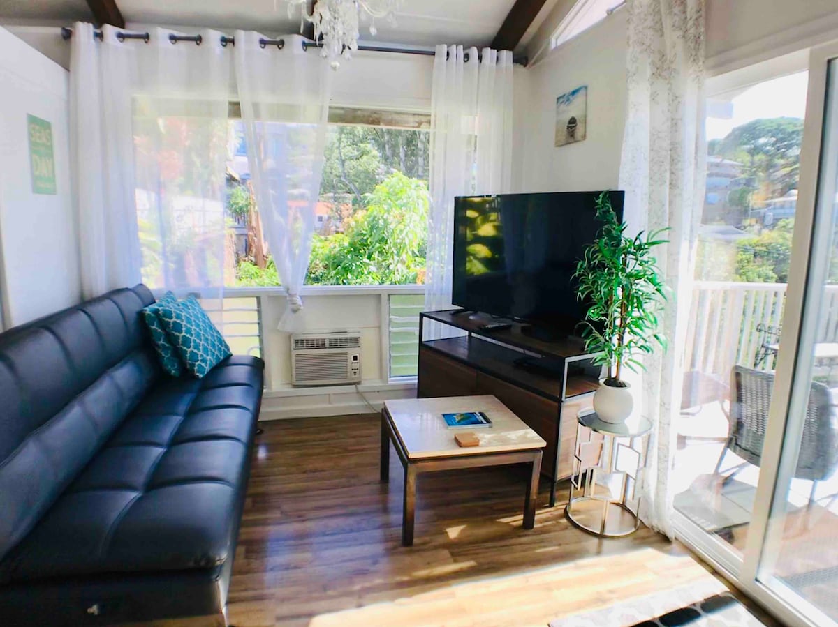 Sala de estar con aire acondicionado de ventana.