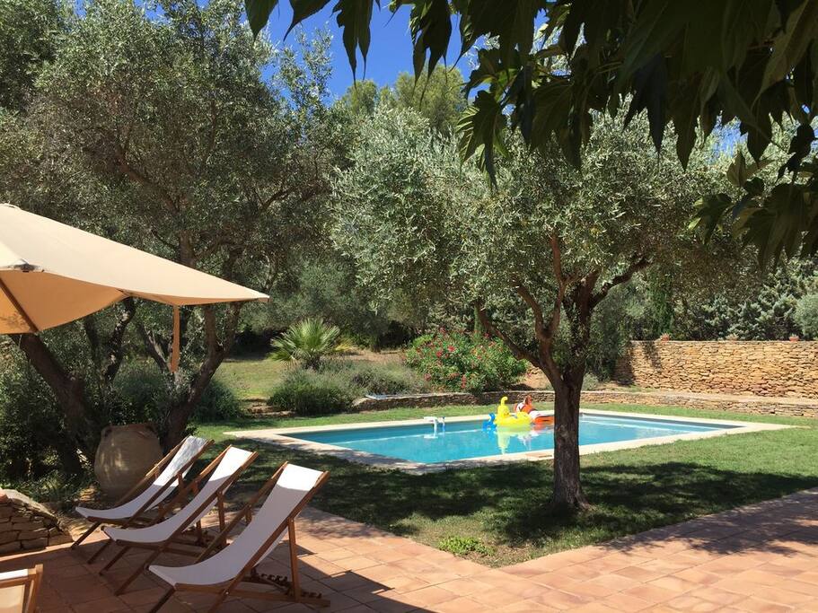 Le coin piscine et au fond le solarium en pierres sèches de Provence