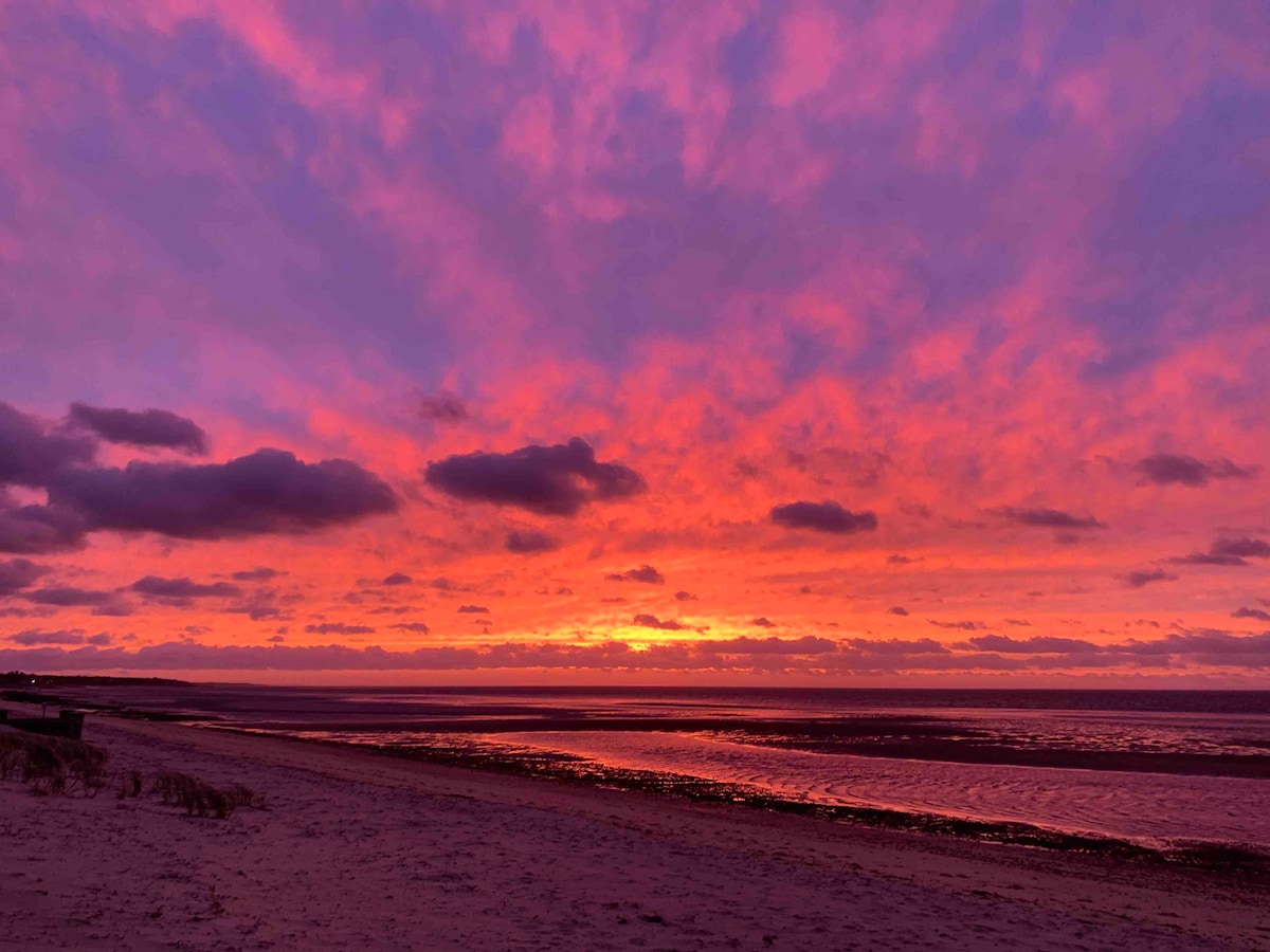 A vibrant sunset casts a palette of purple, pink, and orange across the sky, reflecting off the calm waters of the bay. Soft clouds adorn the horizon, while the sandy beach leads towards the water's edge. The tranquil scene entices evening strolls by the shore.