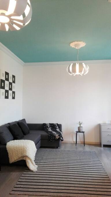 Living room with large comfy couch/fold out bed.