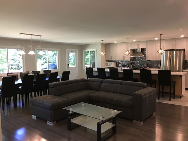 Spacious open concept kitchen and living room.