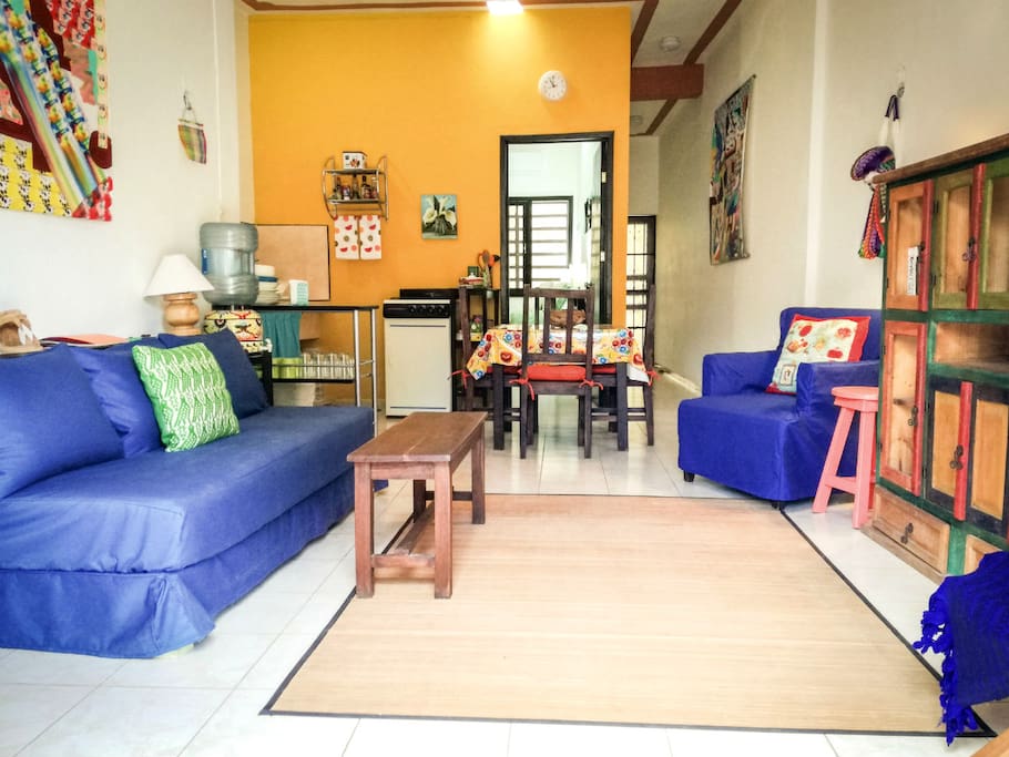 The Casita features a large and comfortable living/dining/kitchen area with a ceiling fan and great natural light. Sofa doubles as twin bed when needed.