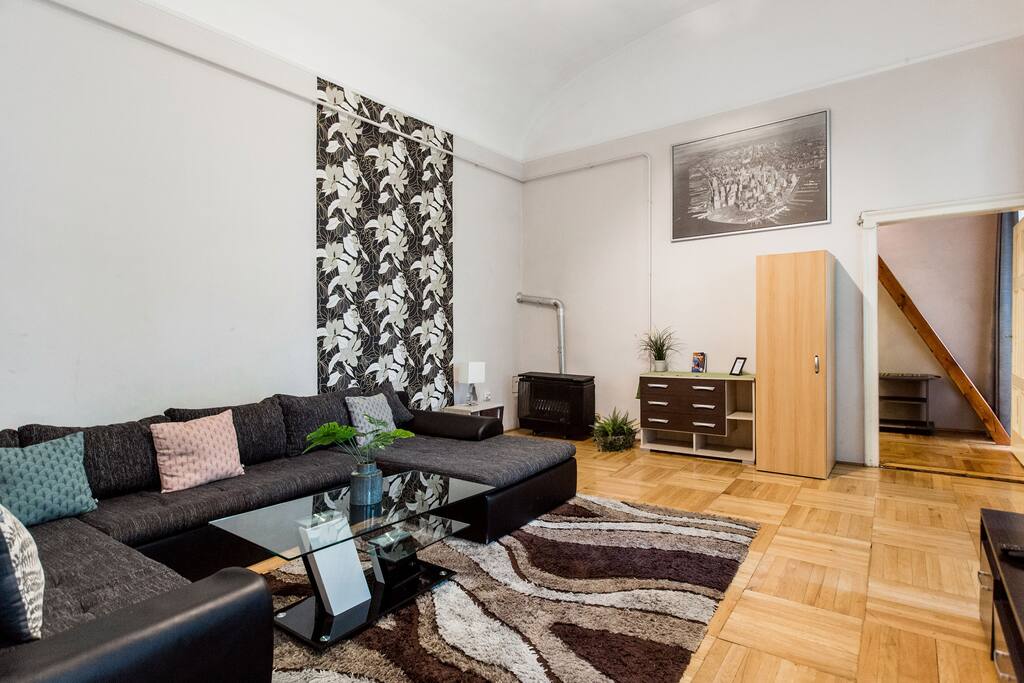 The livingroom has a pull out sofa bed, a wardrobe and 2 drawers.
