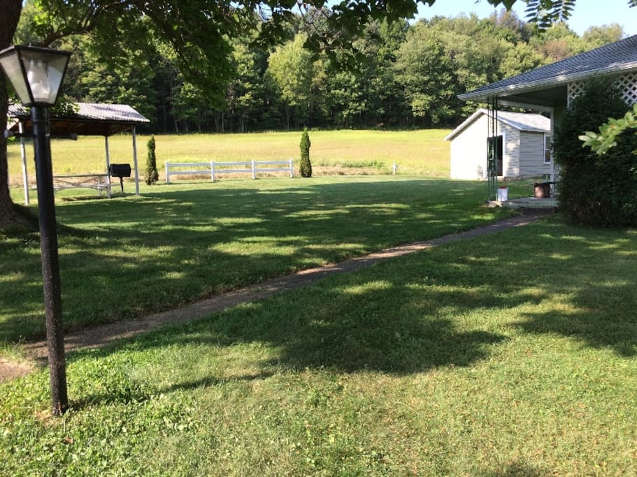 The back yard and main entrance into the home via back porch and door.