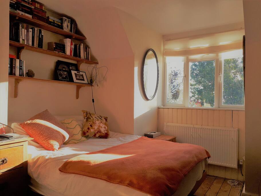 Russet room: bed, bookshelves reading light, antique mirror, window