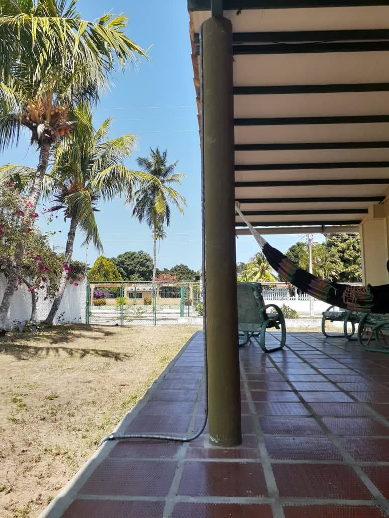 A shaded outdoor area features a hammock suspended between sturdy posts. The surrounding landscape is characterized by palm trees and colorful greenery. A tiled floor extends under a covered porch, providing a comfortable space for relaxation.