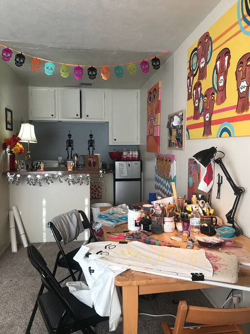 My work desk/ dining table ( will be cleaned off&have tablecloth I was working in this picture)