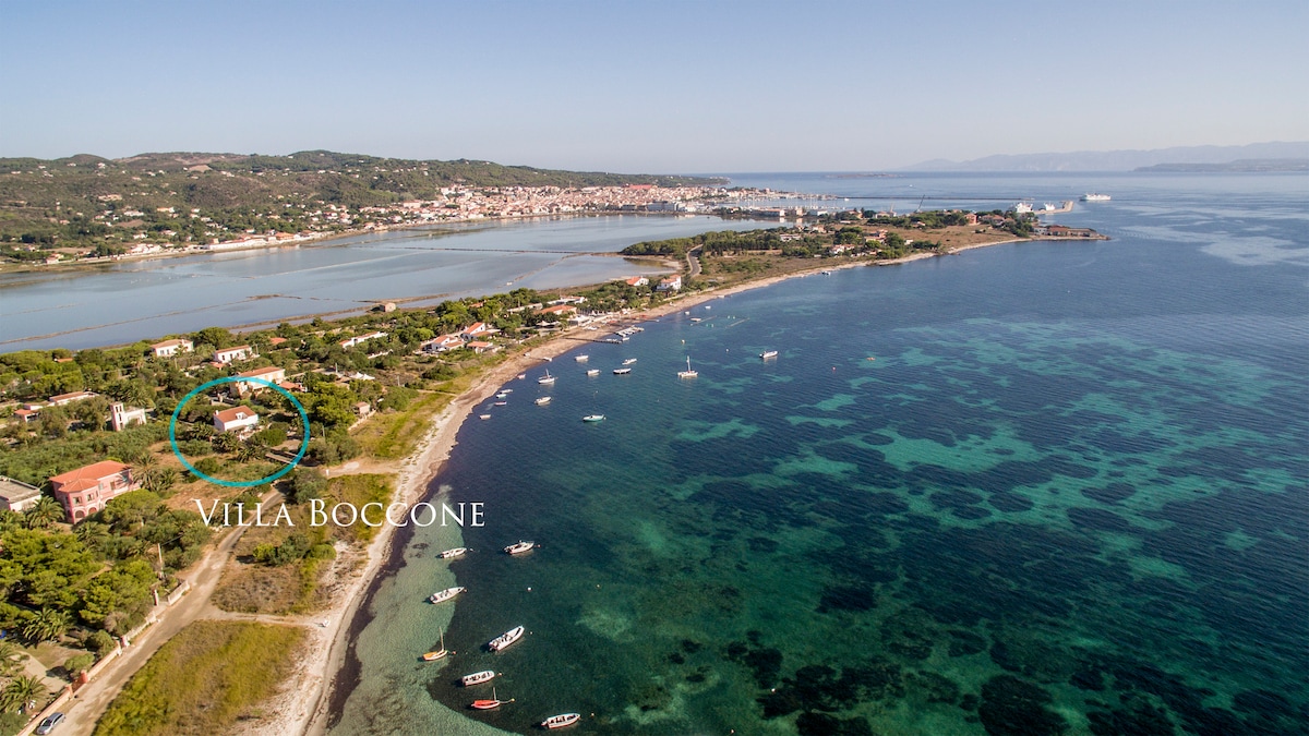 An aerial view captures the coastal landscape featuring a serene shoreline bordered by clear waters. The image highlights the nearby village along the coastline, with a variety of boats gently bobbing in the water, and lush greenery framing the area.