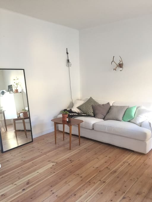 One corner of the livingroom with sofa, possible to sleep on