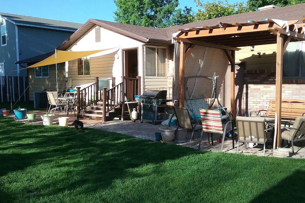 Entertaining areas in the back with a barbecue grill and a fire pit under the pergola.